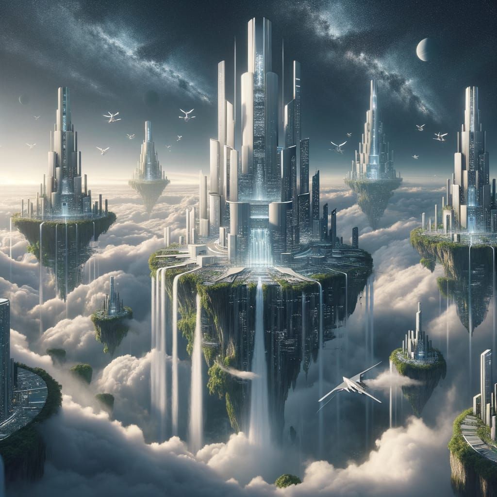 Majestic Sky City with Vertical Islands and Waterfalls