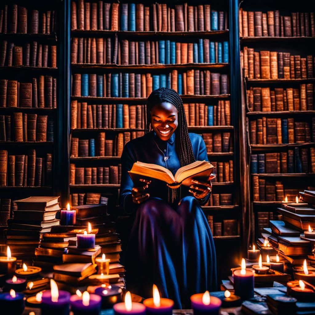 Radiant Girl Surrounded by Candles and Books