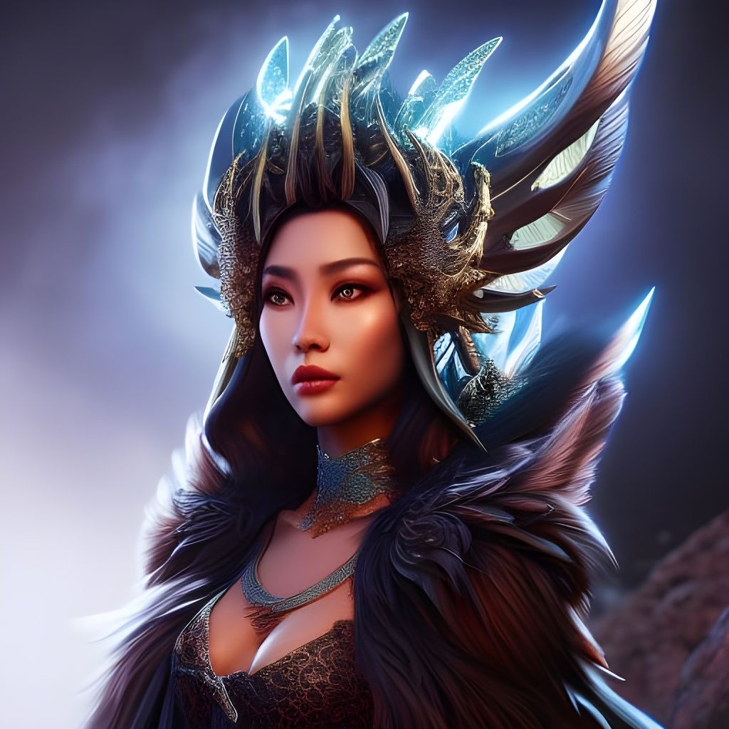 Charming Biracial Woman with Lyrebird in Detailed Digital Ar...