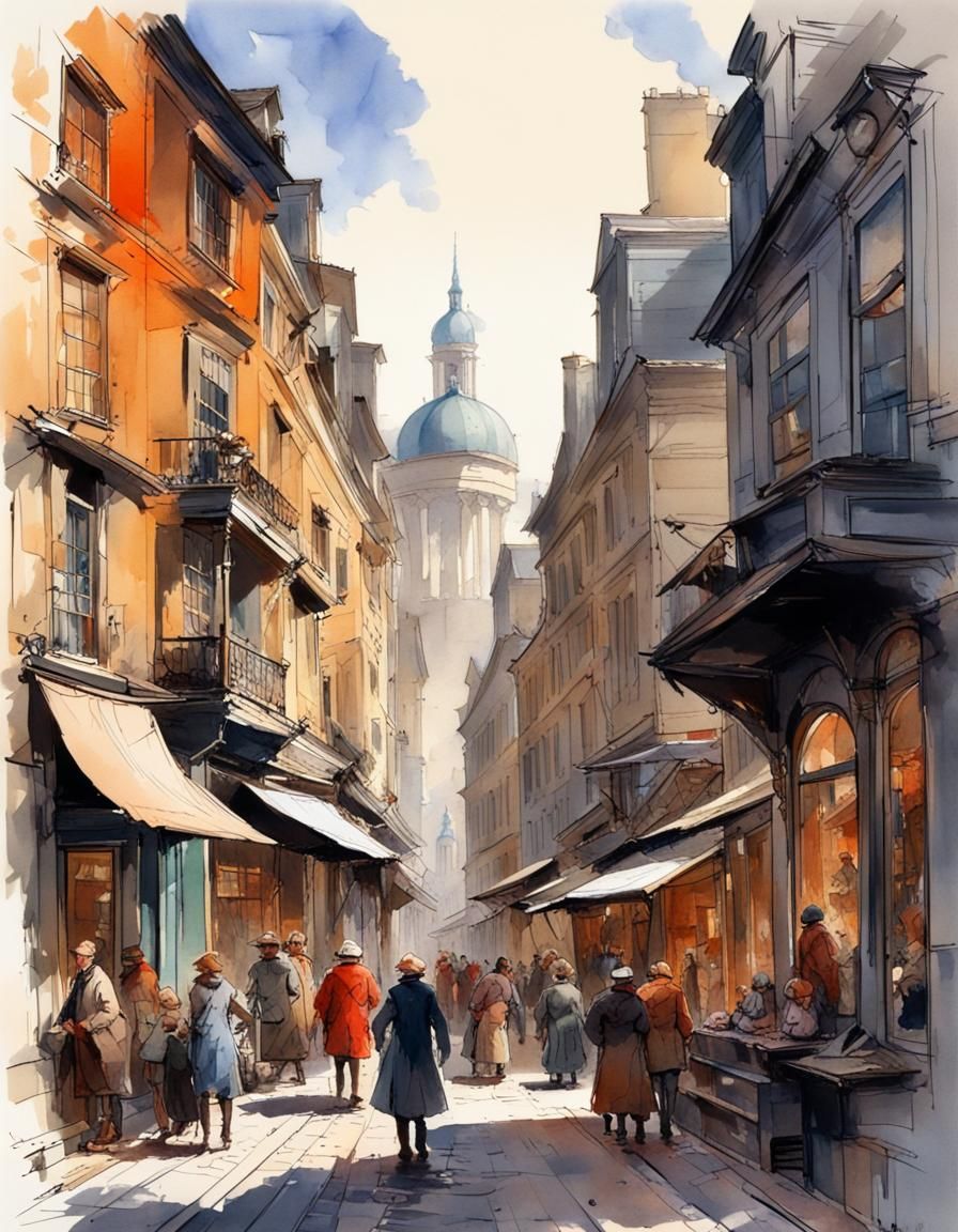 Vibrant 18th Century Town Street in Watercolor Style