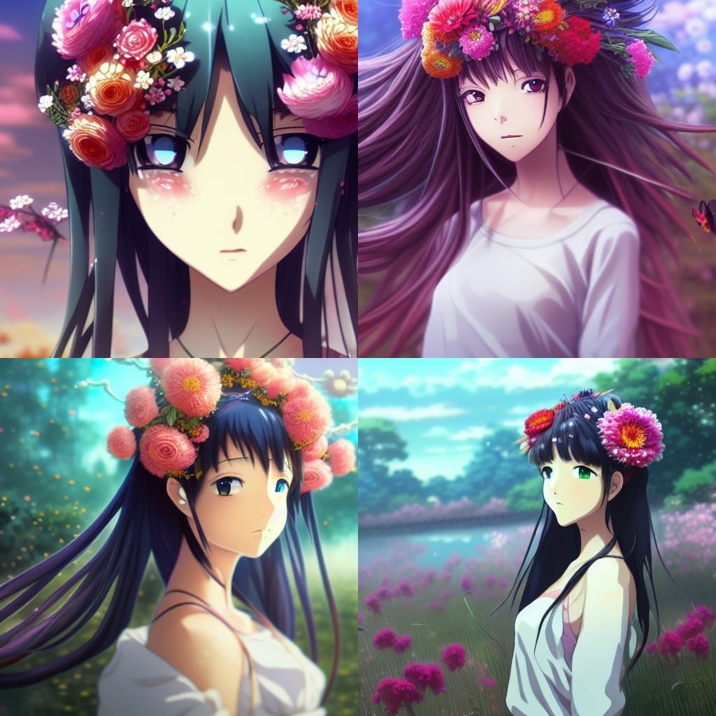 Anime Girl with Flowers: Ghibli-Inspired Digital Art