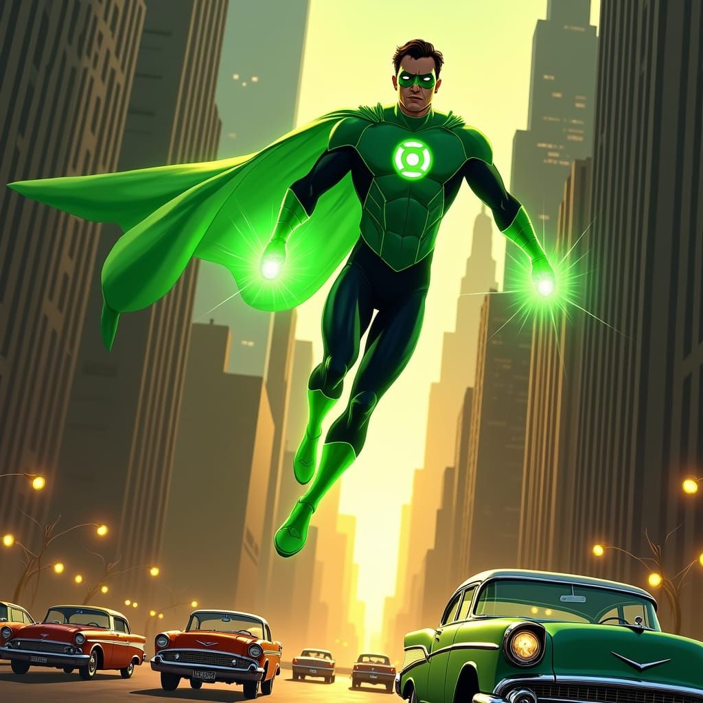 Green Lantern Soaring Over 1950s New York City