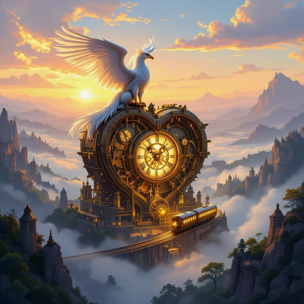 Steampunk Griffin Over Clockwork Heart City