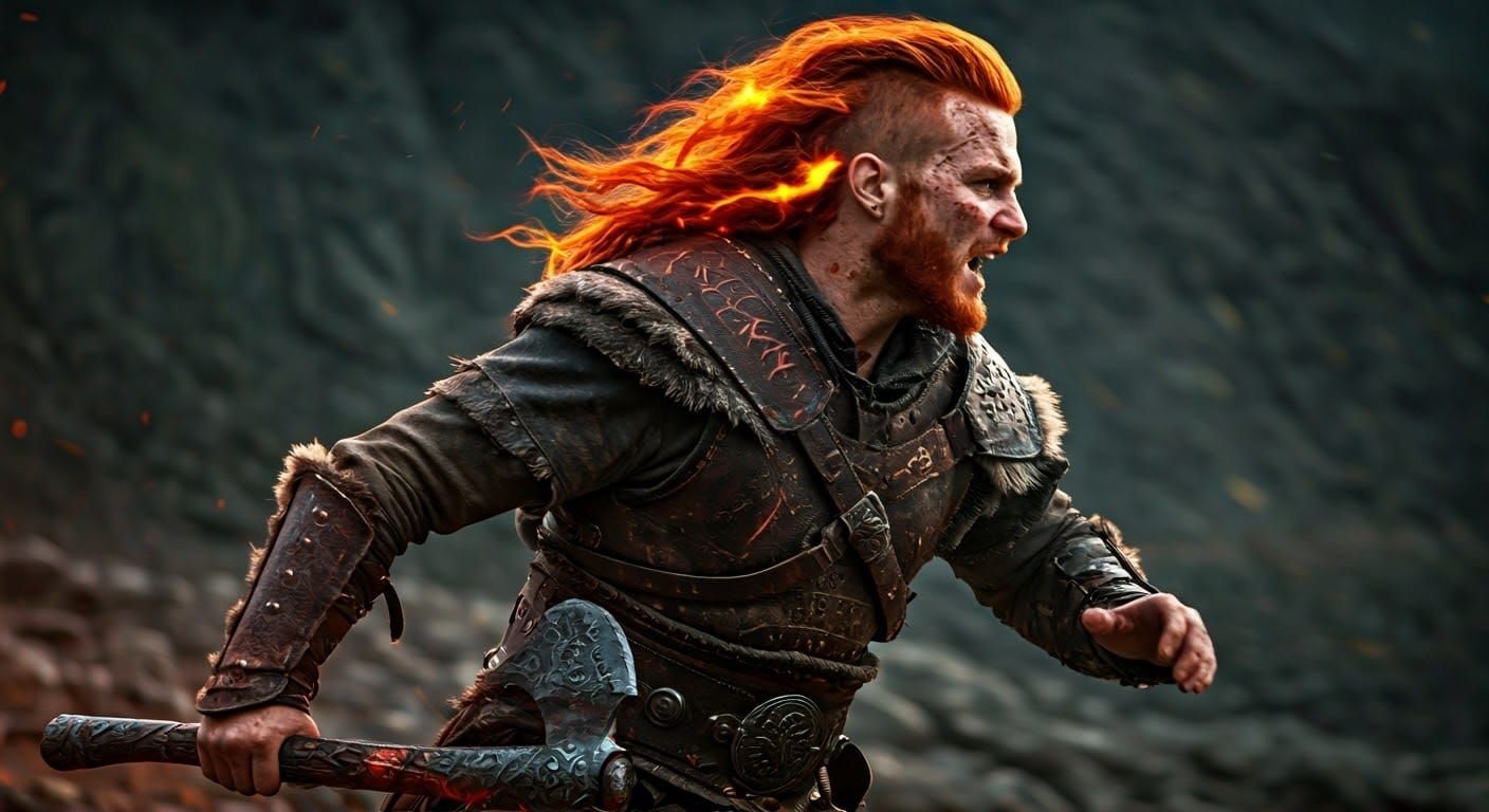 Fierce Red-Haired Warrior Charging with Battle-Ax