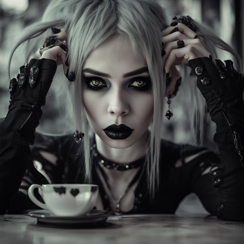 Gothic Fashion Model in Coffee Shop