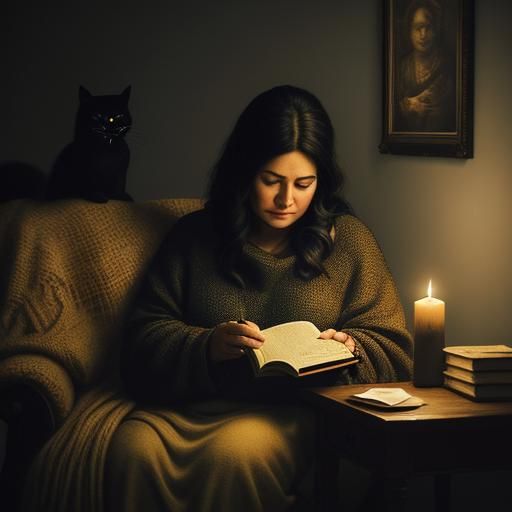 Cozy Woman Reading with Cat in Rembrandt Lighting