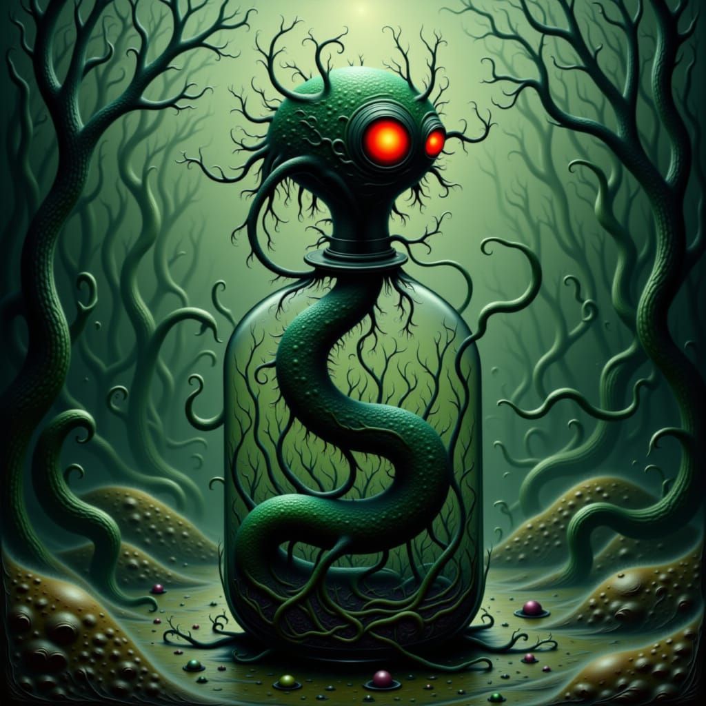 Ethereal Piranha Plant in a Bottle, Haunting Oil Painting