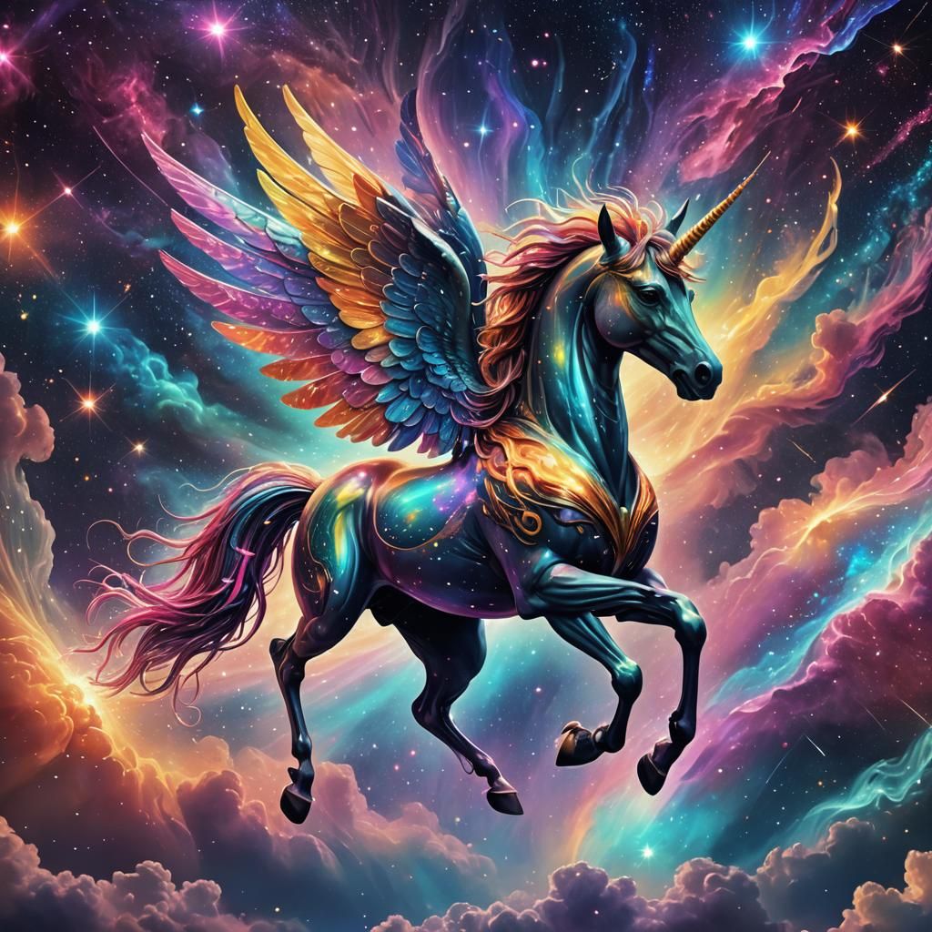 Alien Unicorn Soaring Through Nebula in Cosmic Art