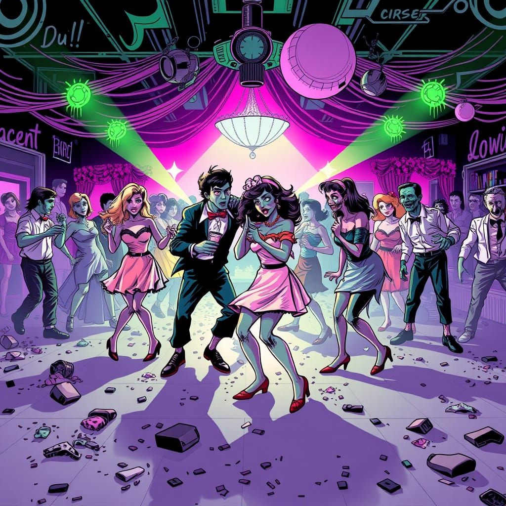 Zombie Grease Prom in Retro Horror Comic Style