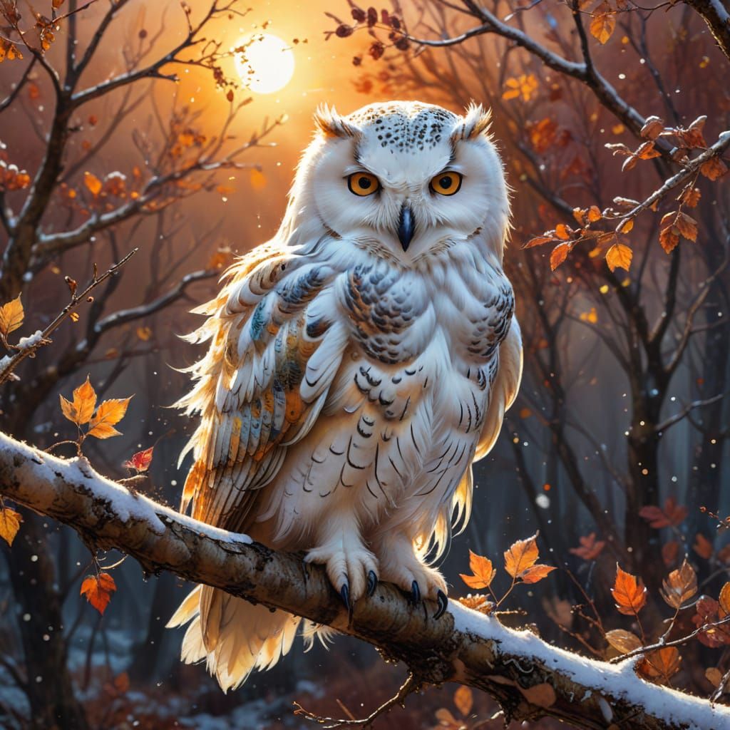 Snow Owl on Autumn Branch in Watercolor Style