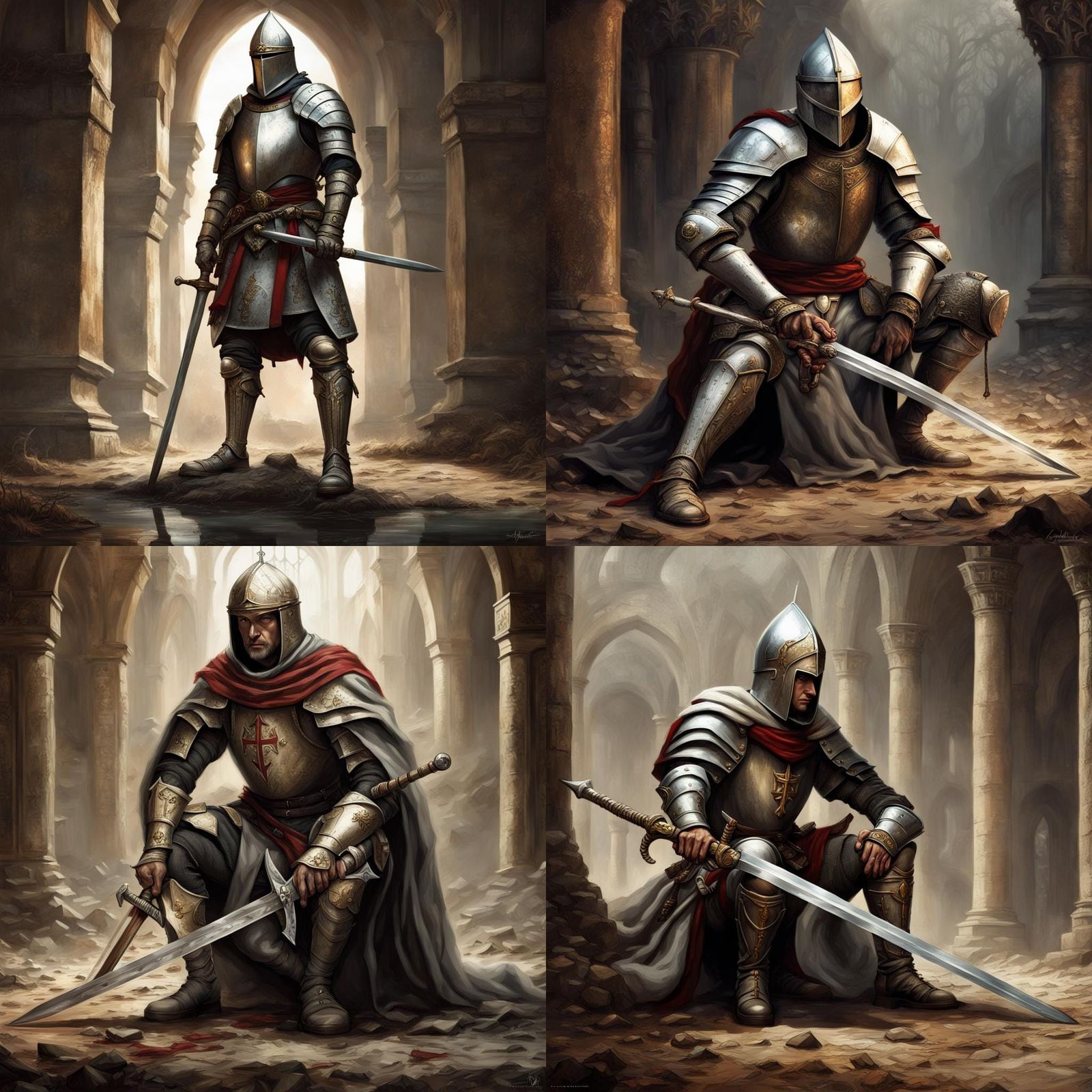 Templar Knight Leaning on Sword, Detailed Matte Painting