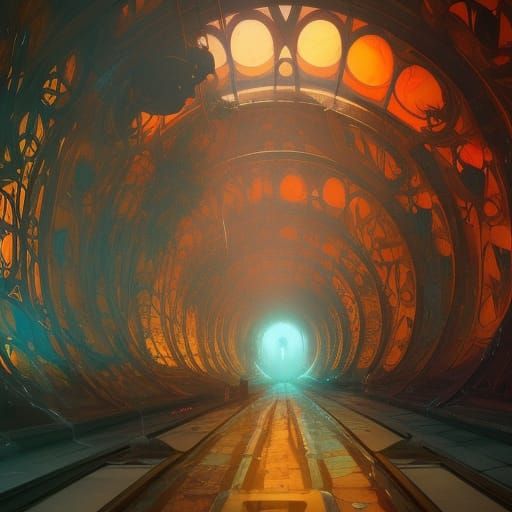 Intricate Tunnel with Dynamic Lighting, Art Nouveau Style