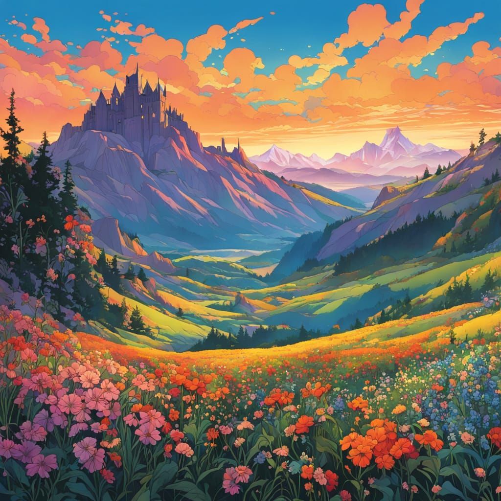 Medieval Castle Dawn in Anime Style