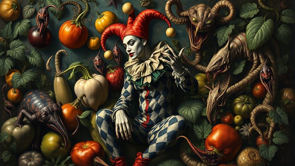 Harlequin Jester in a Surreal Garden