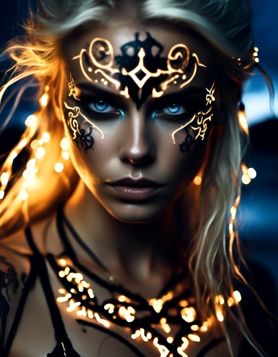 Viking Valkyrie with Glowing Runes in Storm