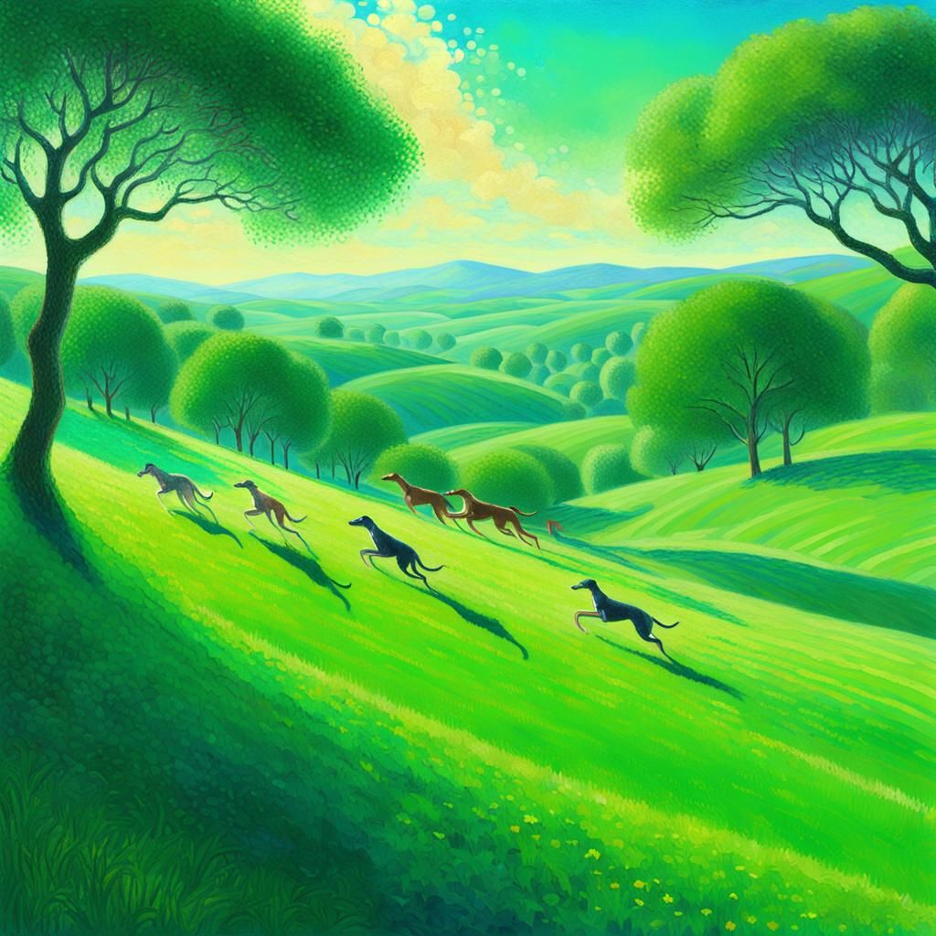 Greyhounds Racing in Impressionist Pointillism Style