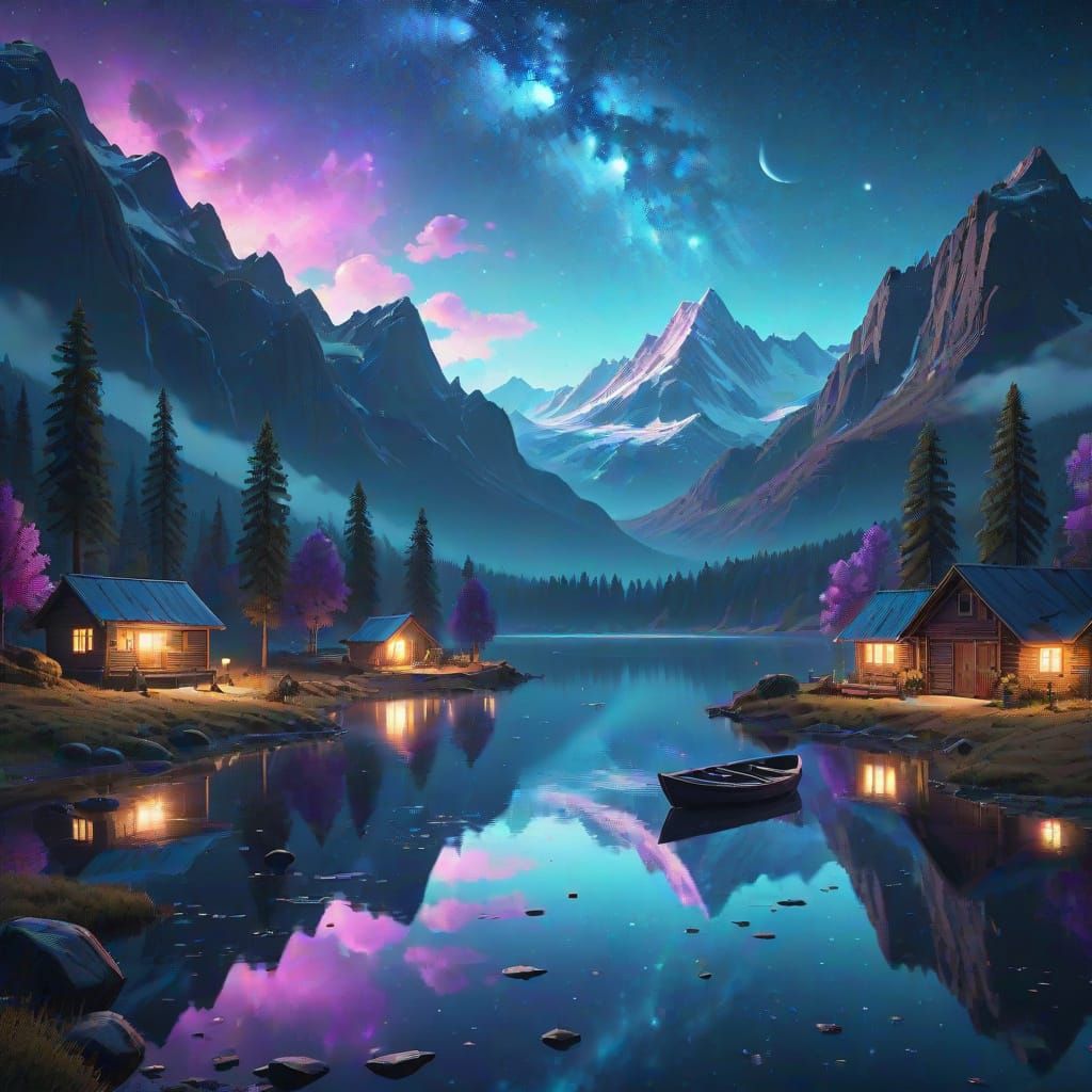 Ethereal Night Sky Over Mirror Lake in Cinematic Digital Pai...