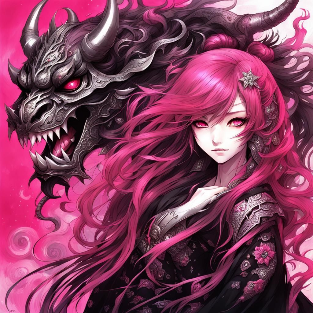 Fantasy Demon Woman with Long Hair in Hot Pink