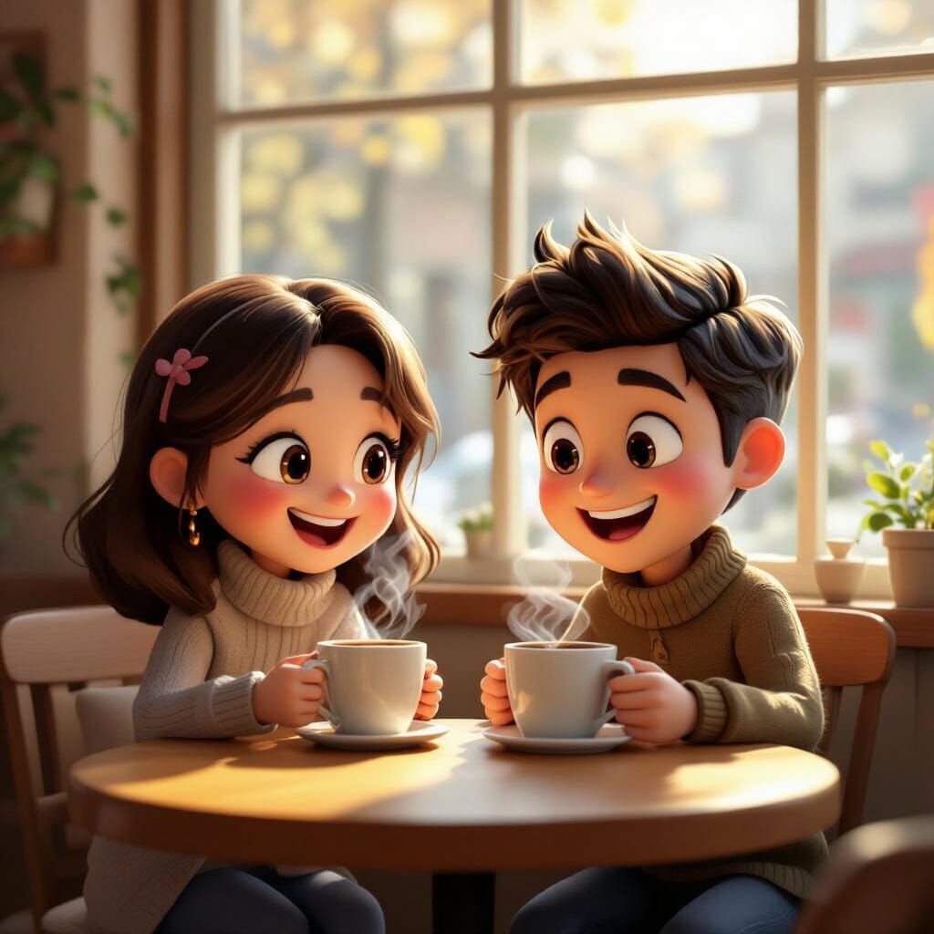 Cute Cartoon Characters Enjoying Coffee in Cozy Cafe