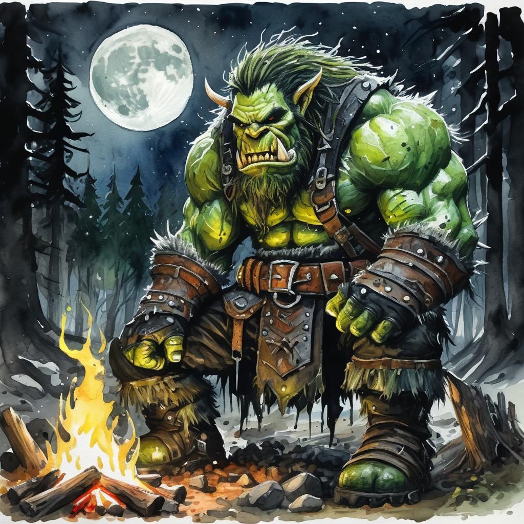Watercolor Ork Warrior by Campfire in Moonlight