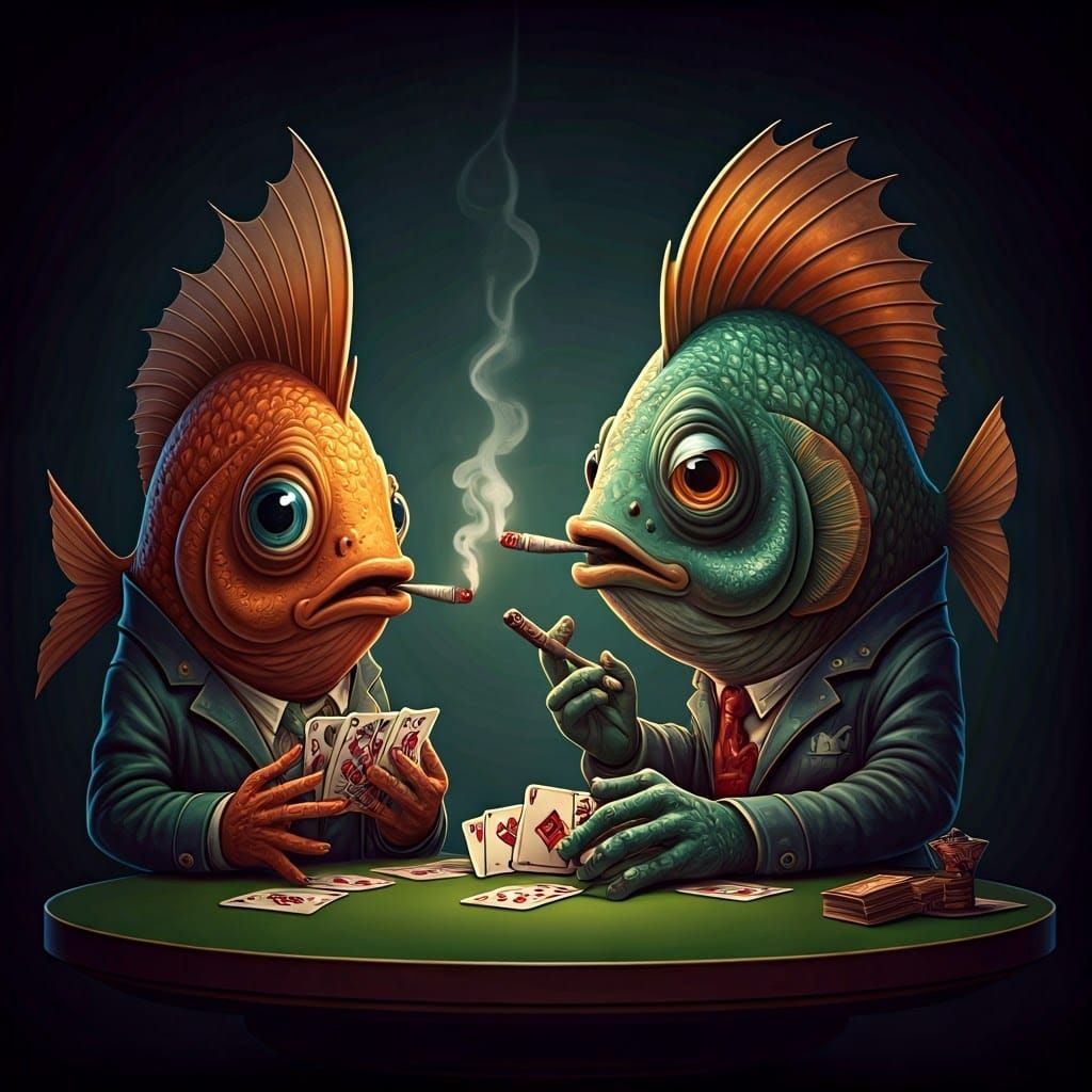 Cartoon Fish Play Poker in Caricature Style