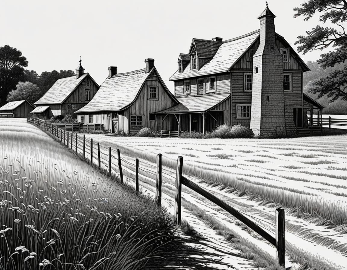 Farm in Field: Pen and Ink Illustration