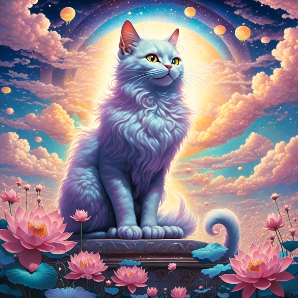 Mystical Iridescent Cat in Dreamlike Ghibli Realm
