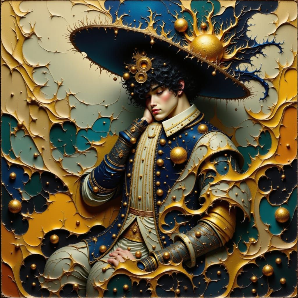 Dreamer in Baroque Attire Amidst Cubist Fragments