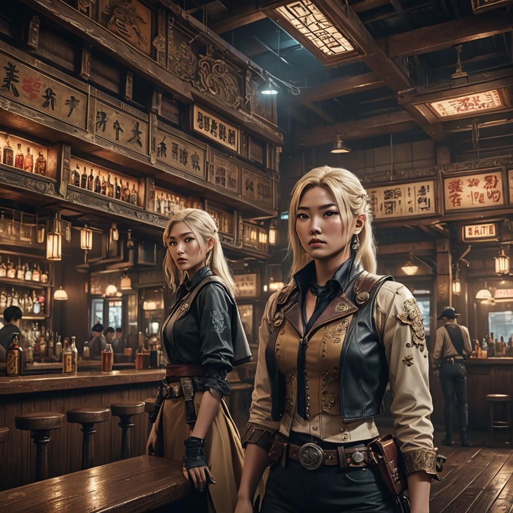 Cyberpunk Saloon Protector: Japanese Woman's Vigil