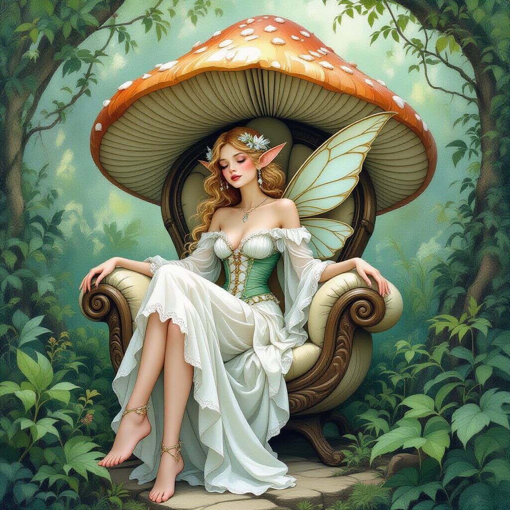 Fairy on Mushroom Chair in Dreamlike Fantasy Style