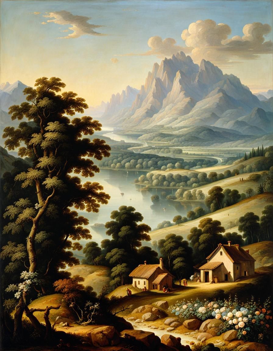 A beautiful landscape with mountains on the horizon, trees, ...