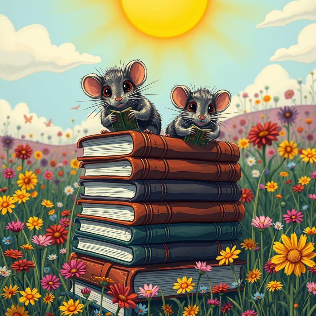 Whimsical Mice Amidst a Colorful Bookstack in a Sunlit Meado...