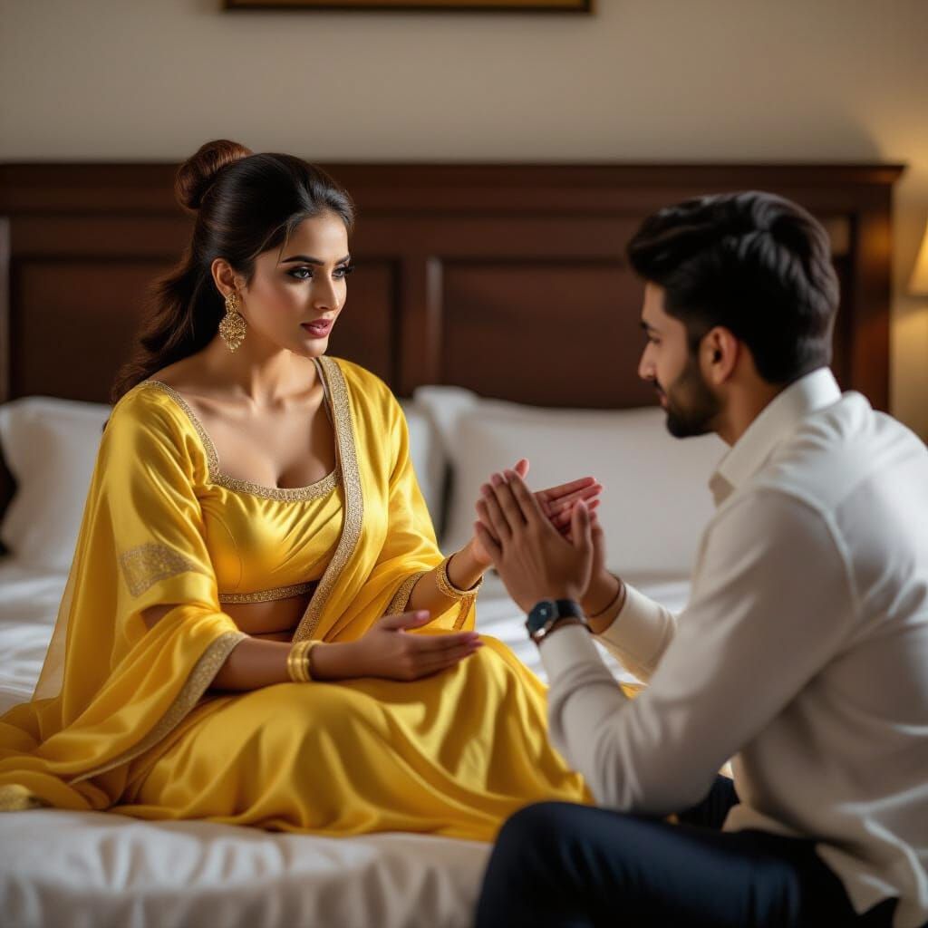 Indian Woman in Yellow Silk Outfit Confronts Man on Bed