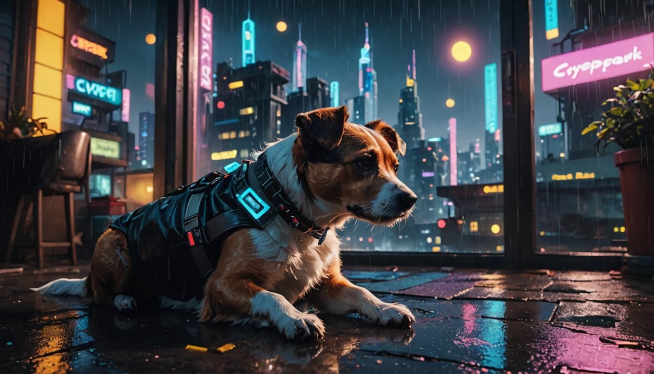 Jack Russell Gazing at Moon in Cyberpunk Cityscape
