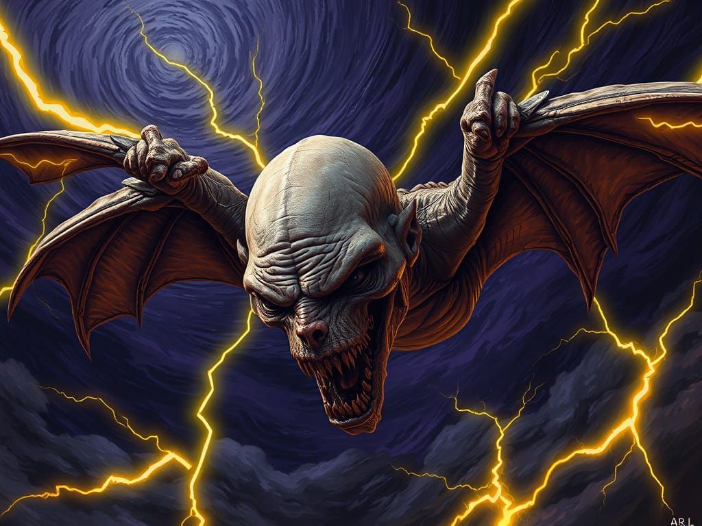 Macabre Ghoulish Human Head with Leather Dragon Wings Soars...