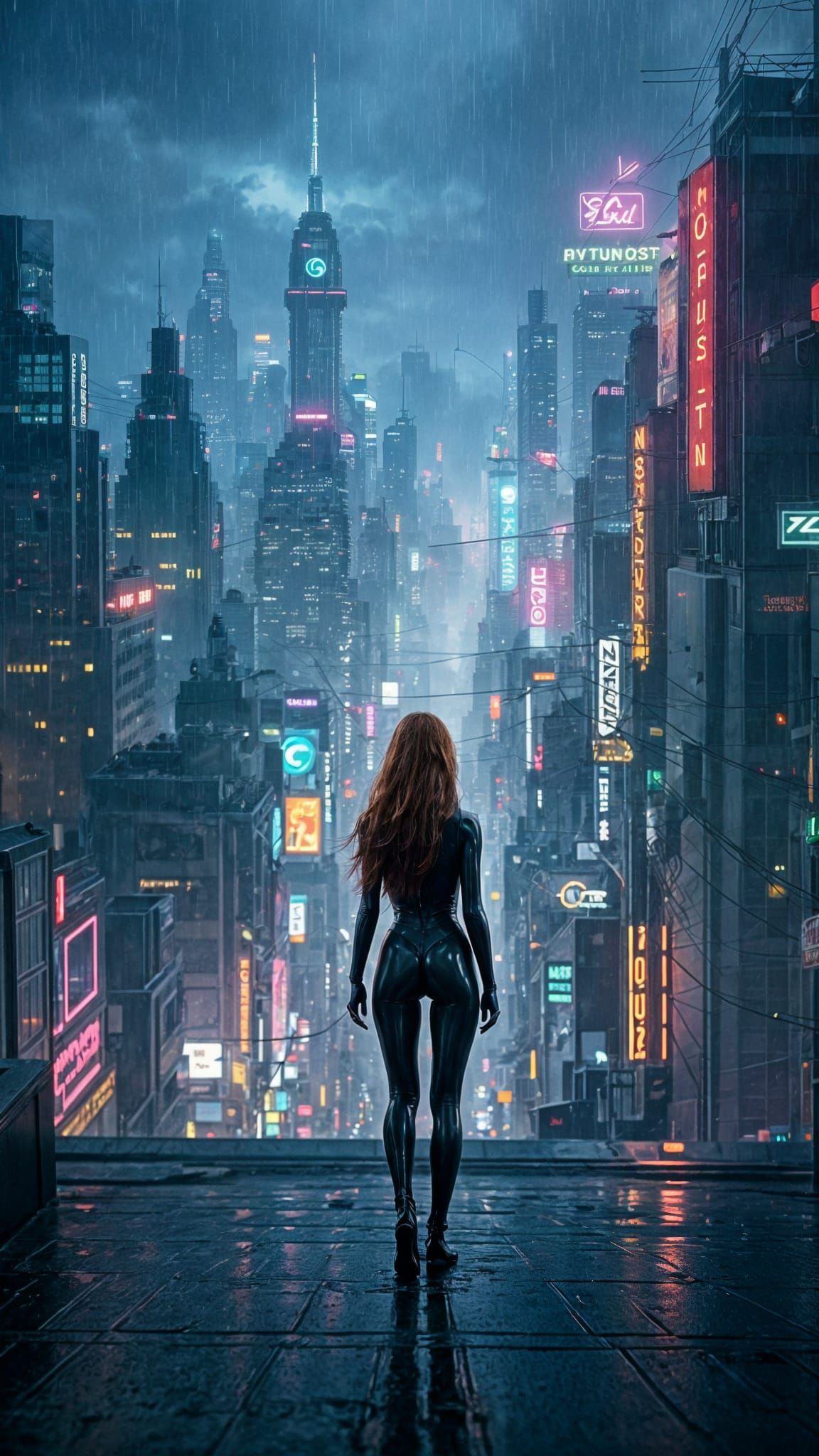 Cyberpunk Woman on Rooftop at Night