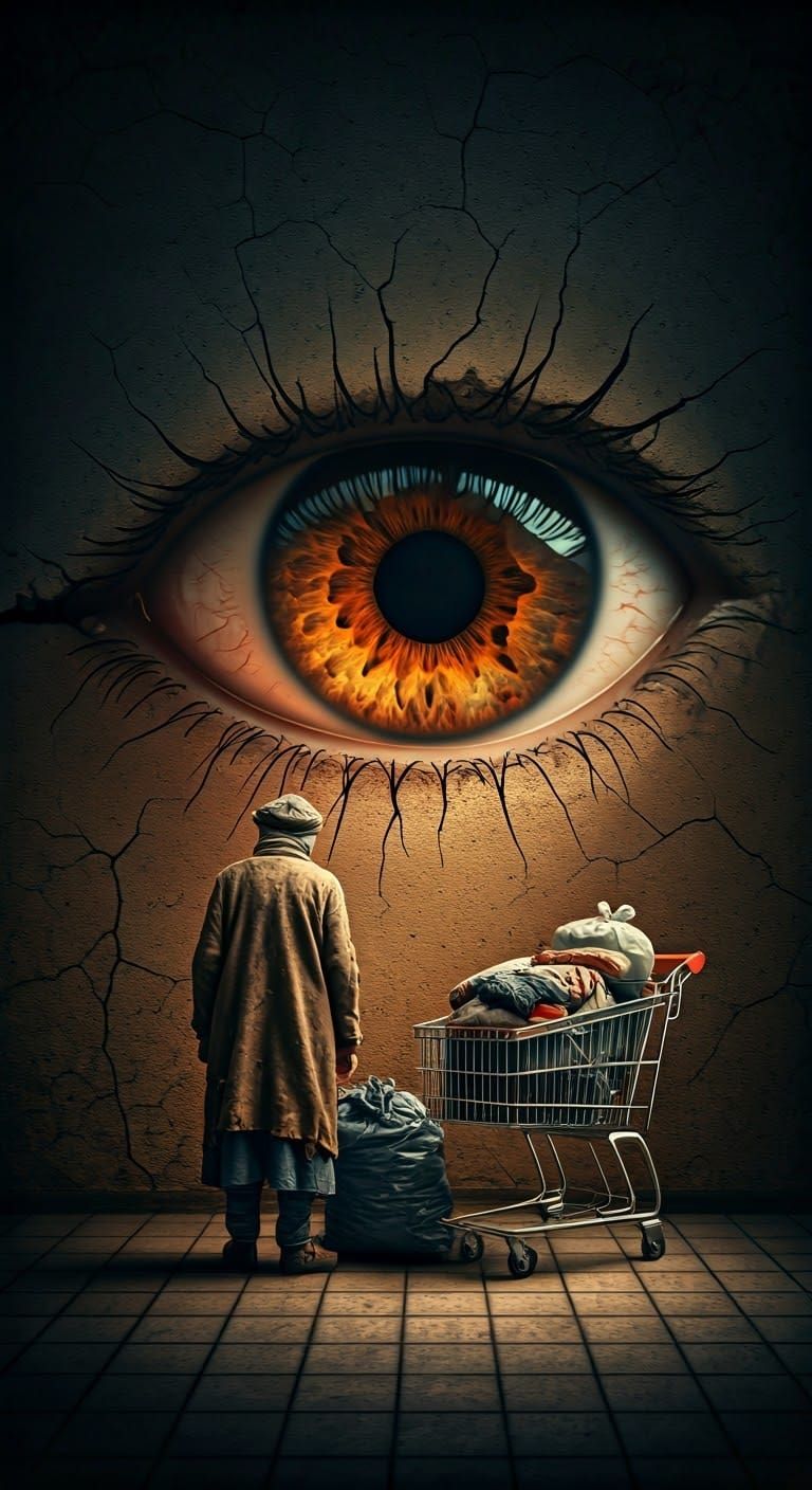 Elderly Homeless Woman Confronts Surreal, Ancient Landscape