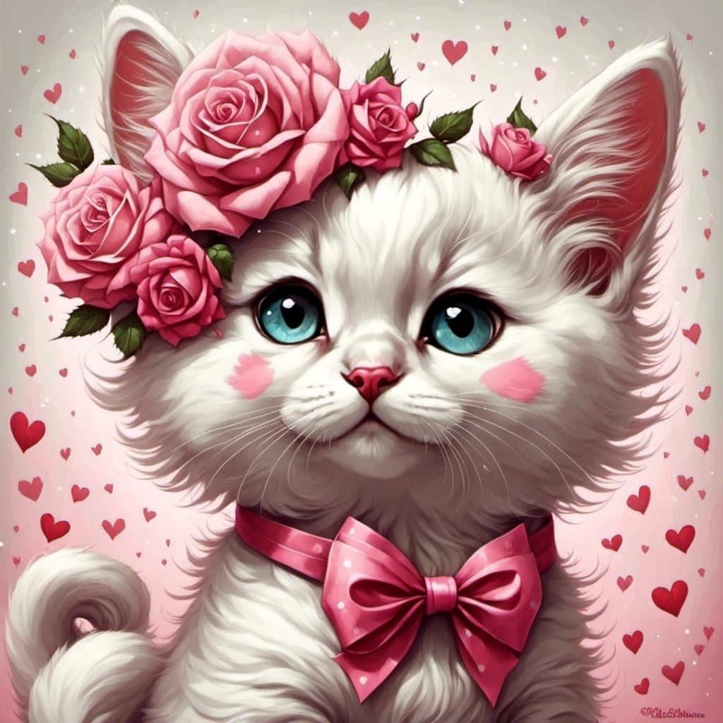 Valentine Cat with Pink Rose and Bow