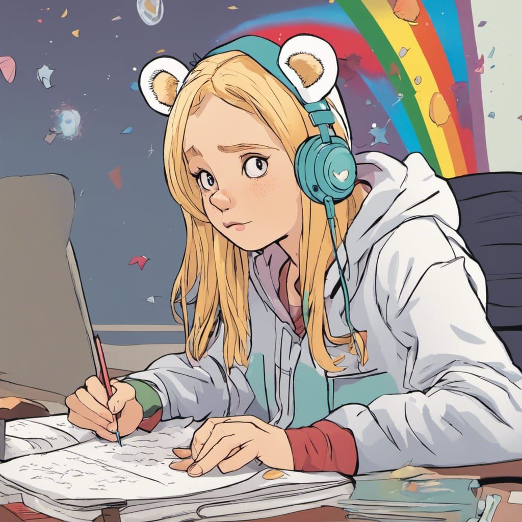 Girl Snorting Words With Straw, Rainbow Thought Bubble