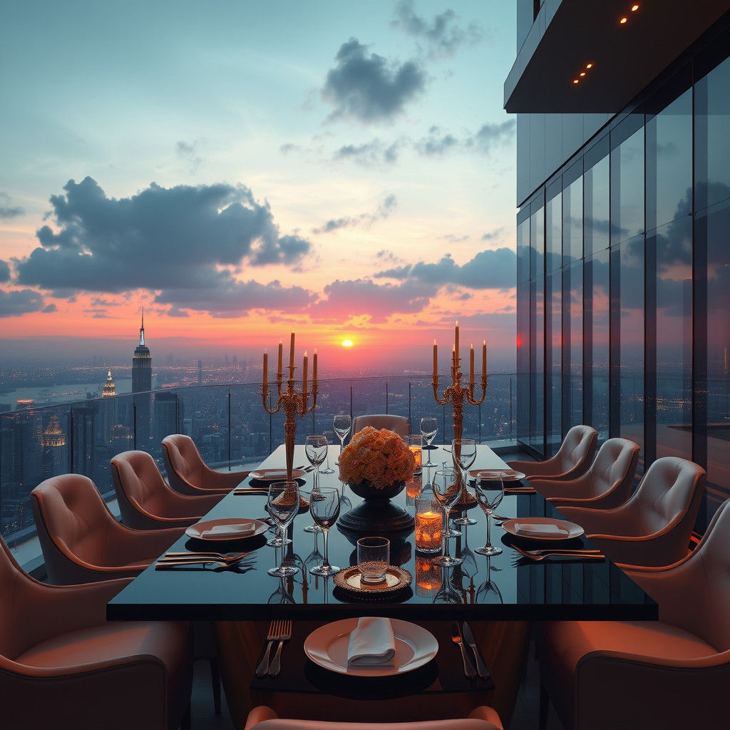 Rooftop Dinner Party with City View in Matte Painting Style