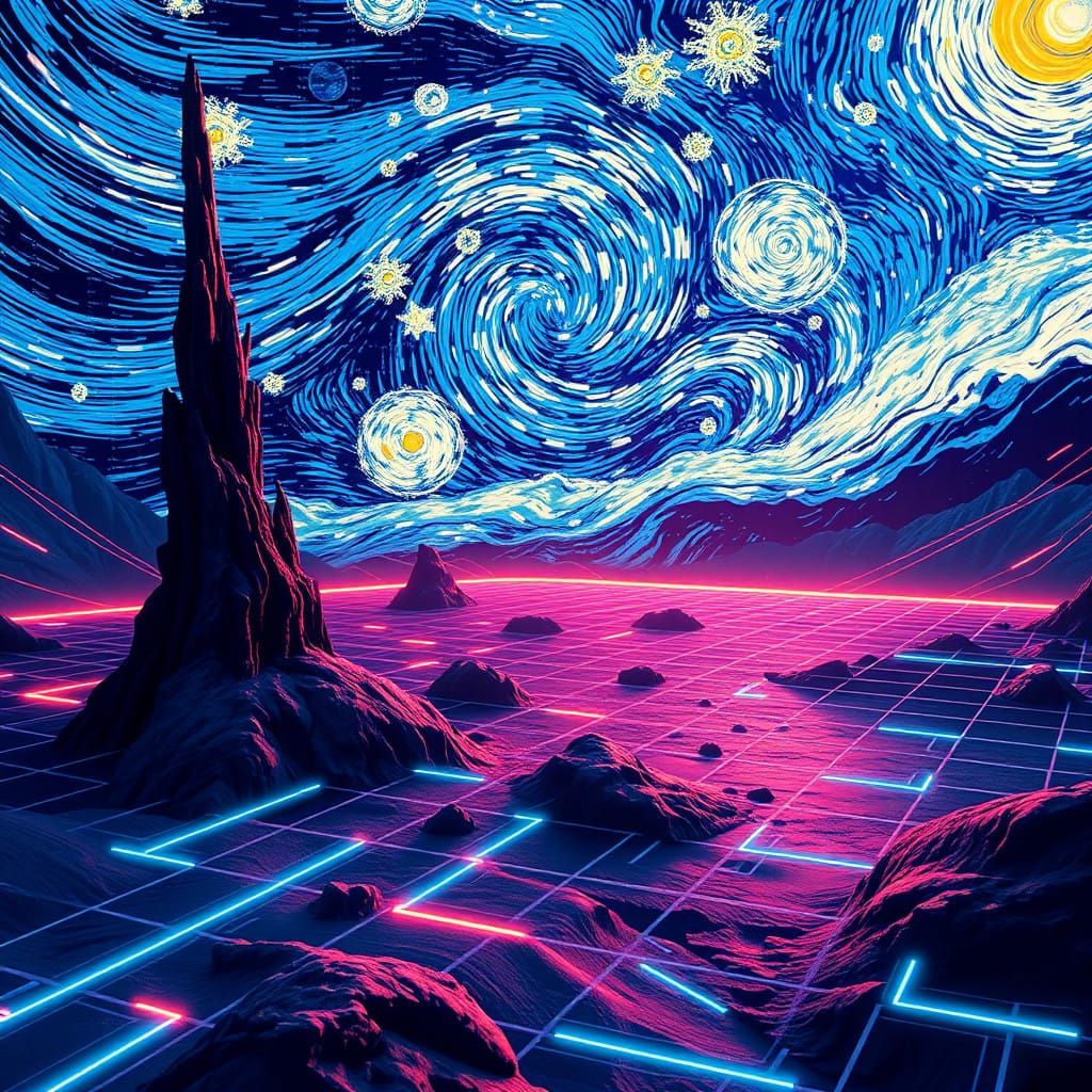 Starry Night Reborn in Neon-Lit Cyberpunk Style