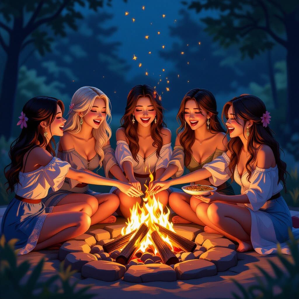 Women Sharing Joy Around Bonfire in 3D Anime Style