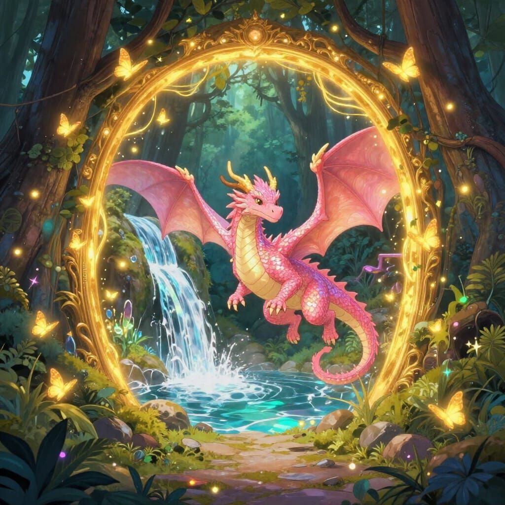Pink Dragon Emerges from Golden Portal in Enchanted Forest