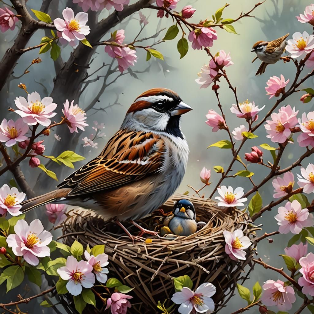 Sparrow Feeding Babies in Nest Watercolor Painting