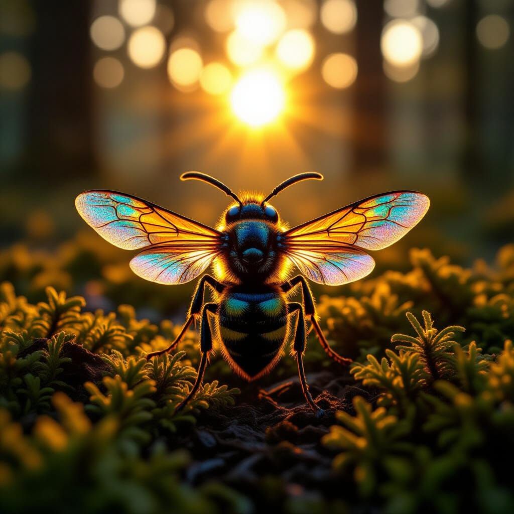 Hyperrealistic Wasp in Forest at Sunset