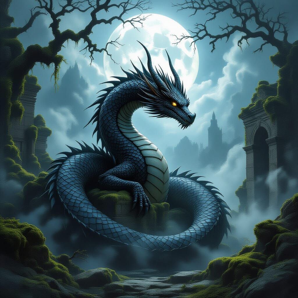 Obsidian Dragon Coiled Around Ancient Ruin in Moonlight