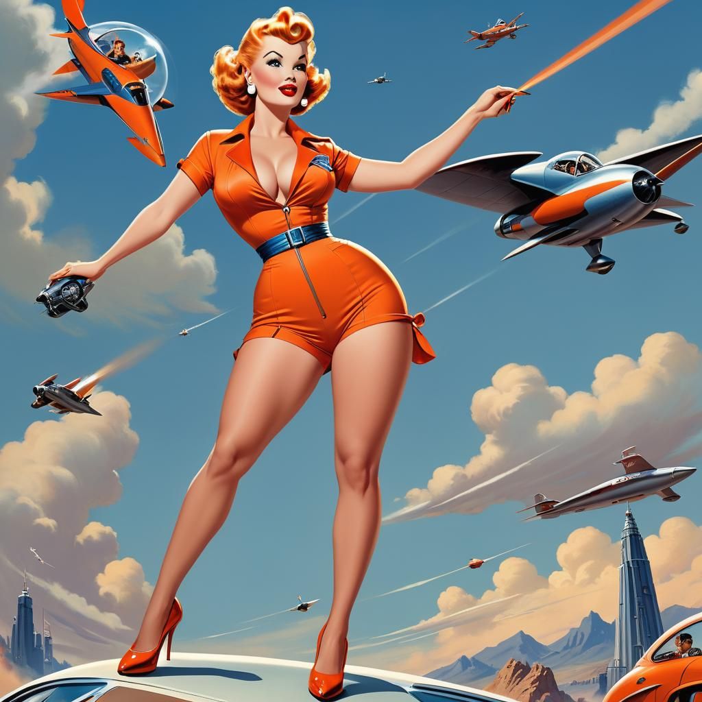 1950s Pinup Hitchhiking Flying Cars in Sci-Fi Style