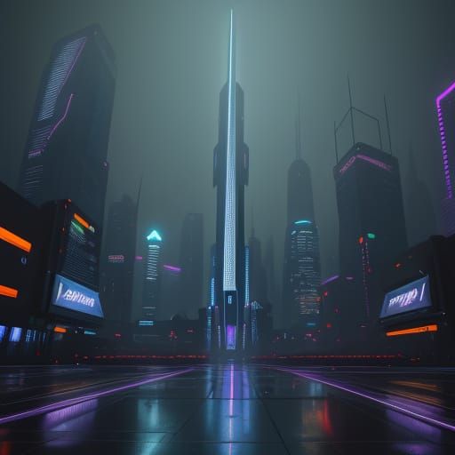 Futuristic Cityscape at Dusk in Cyberpunk Aesthetic