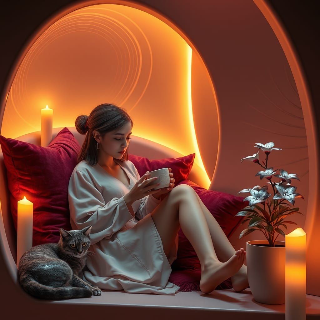 Futuristic Reading Nook: Serene Woman in Candlelight