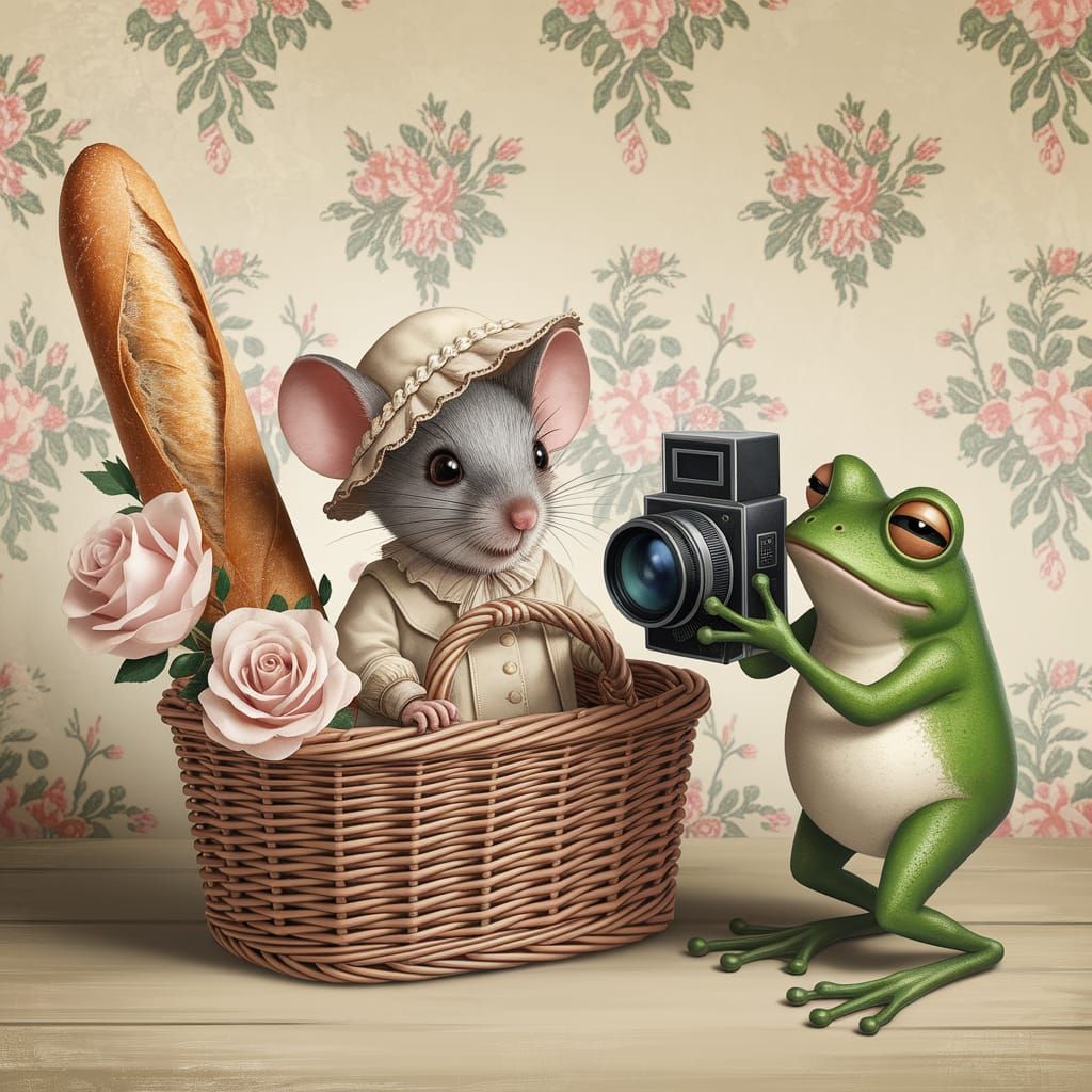 Mouse in Basket Photographed by Frog: Vintage Scene